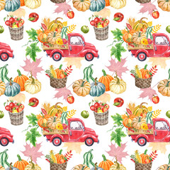 Wall Mural - Watercolor autumn harvest truck seamless pattern. Vintage red car with orange pumpkins, wheat, corn, apples, flowers and leaves, isolated on white background. Colourful fall seasonal vegetables print.