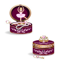 Ballerina In A Music Box With Jewelry. Vector Illustration On A White Background.