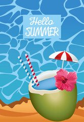 Canvas Print - hello summer seasonal scene with umbrella and coconut