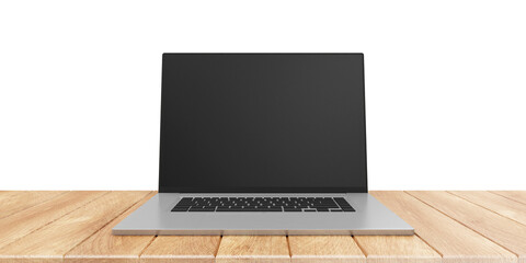 Modern laptop with blank screen on wooden table isolated on white background