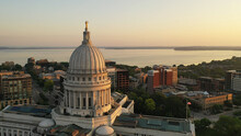 Aerial View Of City Of Madison. The Capital City Of Wisconsin From Above. Drone Flying Over Wisconsin State Capitol In Downtown. Sunny Morning, Sunrise (sunset), Sunlight, Summertime