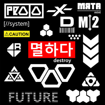 Cyberpunk Elements. Sign and text in Cyberpunk style for cloth and interface. English and Korean inscriptions. Vector Illustration isolated.
