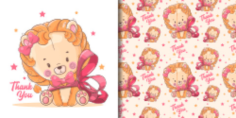 hand drawn a cute baby lion with red ribbon and pattern set