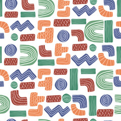 Abstract shapes vector seamless pattern. Zig zag, plus, minus, t symbol, line doodle shapes. Kids funny backdrop