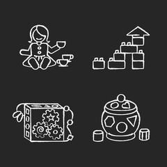 Wall Mural - Sensory toys for toddlers chalk white icons set on black background. Baby doll with tea set. Educational toys for children early development. Isolated vector chalkboard illustrations