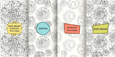 Poster - Set of seamless hand drawn texture designs from dots for backgrounds, business cards, web design. Doodle pattern with trendy modern colorful labels. vector illustration
