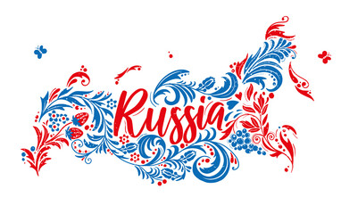 Wall Mural - Map of Russia based on folk Traditional Khokhloma Hohloma painting. Russia Map Lettering red and blue colors.