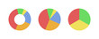 Three pie charts (one doughnut). Flat icons isolated. Vector illustrations.