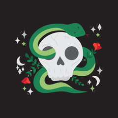 Skull with snake and flowers vector hand drawn illustration. Cool witchy printable design. Isolated on black background.