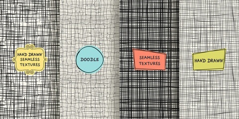 Fototapete - Set of seamless hand drawn texture designs for backgrounds, business cards, web design. Doodle pattern with trendy modern colorful labels. vector illustration
