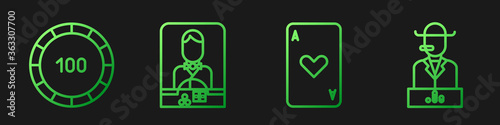 Fotomural Set line Playing card with heart, Casino chips, Casino dealer and Poker player
