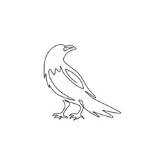  One continuous line drawing of black raven for ghost house logo identity. Crow bird mascot concept for cemetery icon. Modern single line draw vector graphic design illustration