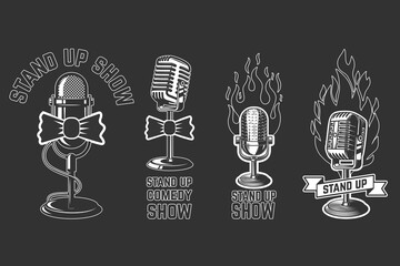 Wall Mural - Stand up show. Set of emblems with retro microphones . Design element for logo, label, sign, poster, t shirt. Vector illustration