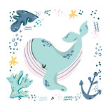 Fototapeta Konie - Childish print with cute lovely baby whale vector illustration. Under water sea or ocean animal. Creative kids animal character for print, poster, textile, fabric,room decor, cards, nursery clothing.