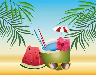 Sticker - hello summer seasonal scene with umbrella and coconut