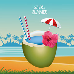 Canvas Print - hello summer seasonal scene with umbrella and coconut