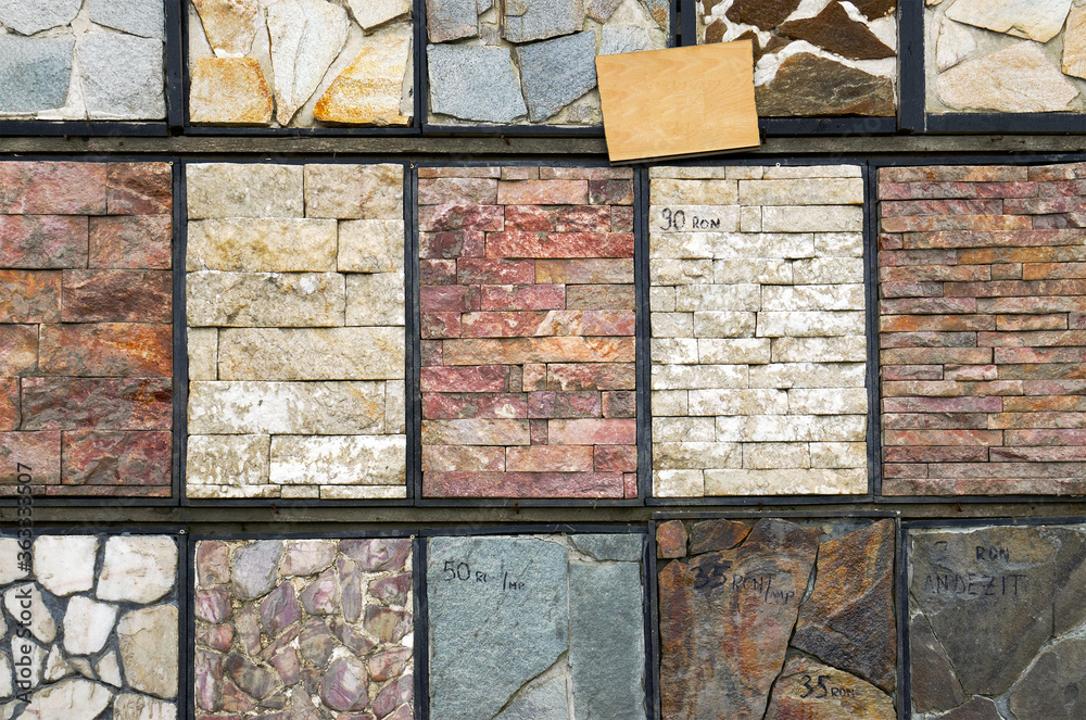Tile Sample Shop Colorful samples of a stone tile in store. Marble and granite flooring ...