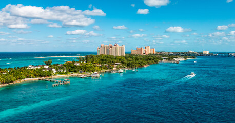 Wall Mural - Panoramic landscape view of a narrow Island and beach at the cruise port of Nassau in the Bahamas. 