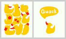 Funny Yellow Ducks Vector Prints Isolated On White. Rectangle Shape Illustrations Set With Cartoon Birds.
