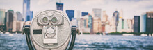 New York City Travel Tourist Attraction Icon - Coin Binocular Tower Viewer On Skyline Background In Summer. USA Destination Panoramic Banner.