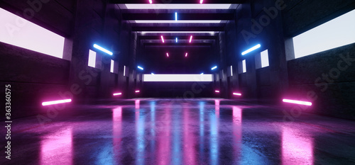 Fotografía Large Sci Fi Futuristic Elegant Modern Warehouse Purple Blue Laser Beams Pillars