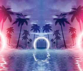 Wall Mural - Abstract futuristic background. Neon glow, reflection of tropical palm trees on the water. Night view, beach party. 3d illustration