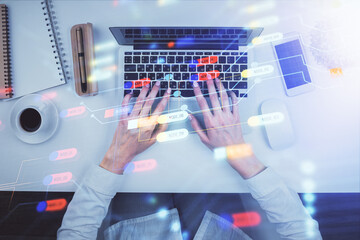 Poster - Double exposure of woman hands working on computer and data theme hologram drawing. Top View. Technology concept.