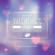 Valentine's Day Vector Greeting Card With Hearts Bokeh And Glossy Glass Banner