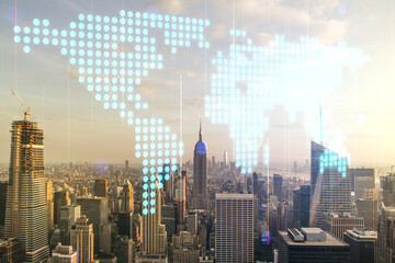 Poster - Abstract creative digital world map on New York cityscape background, globalization concept. Multiexposure