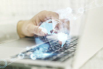 Poster - Creative concept of robotics technology with globe sketch and hands typing on laptop on background. Robot development and automation concept. Multiexposure