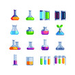 © thepolovinkin - Flasks, Laboratory equipment pixel art icons set. Jars and beakers isolated vector illustration. Biology science education medical. Design for stickers, logo and mobile app. Game assets 8-bit