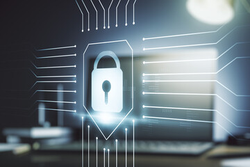 Poster - Creative lock sketch with chip hologram on modern laptop background, protection of personal data concept. Multiexposure