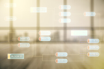 Poster - Double exposure of abstract programming language interface on empty modern office background, research and development concept