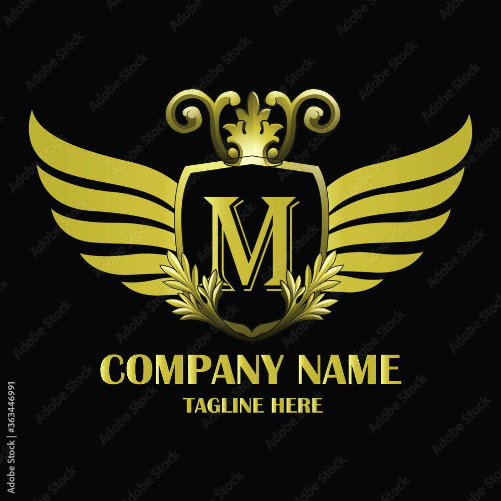 Luxury wing Initial Letter M Gold color with Shield. Vintage monogram ...
