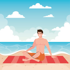 Poster - man lying tanning in the beach, summer vacation season vector illustration design