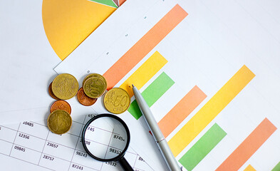 Poster - Chart, Business, Graph with coins,pen and magnifier