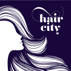 Wall Mural - Hair salon illustration.Beautiful woman portrait with long, wavy hairstyle.Face silhouette.Cosmetics and spa.Elegant style.