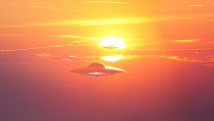 Wall Mural - flying saucer invasion in front of a beautiful sunset in an orange sky - concept art - 3d rendering