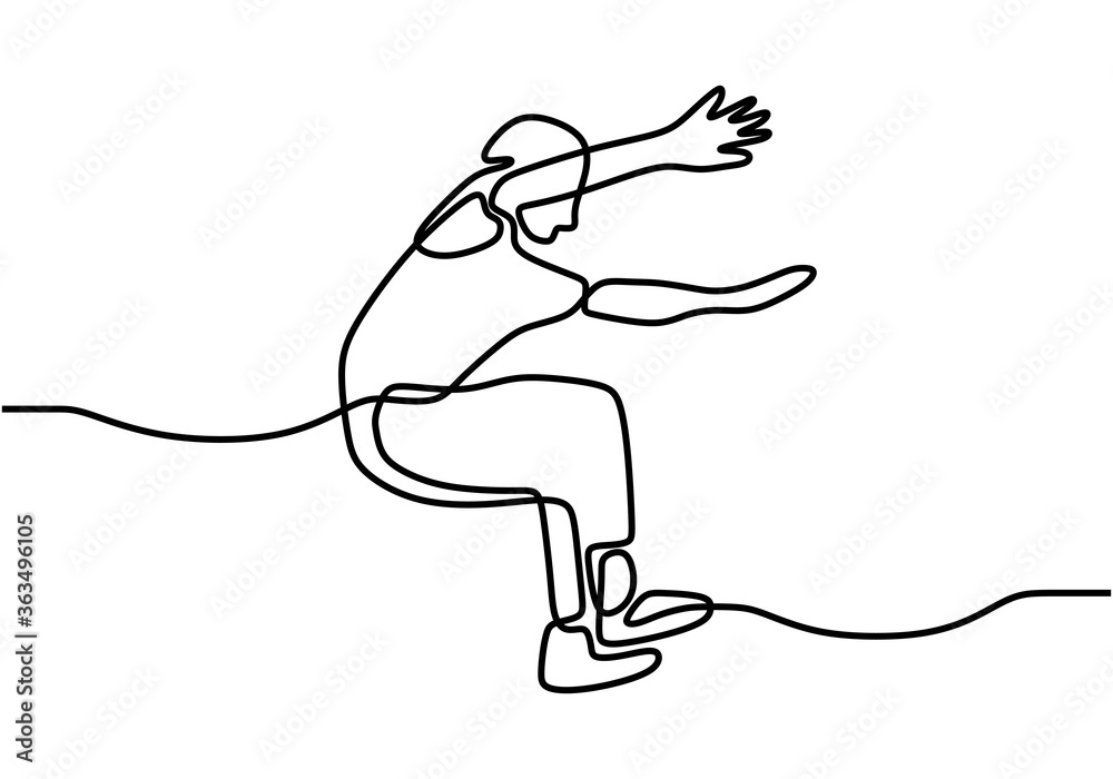 Long Distance Jump Drawing Continuous line drawing of athletic man long jump. Young energetic ...