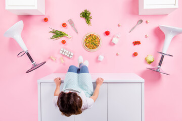 Canvas Print - Top above high angle view full length photo of girl sit table look eggs pepper tomato kitchen utensils pizza flat lay floor isolated over pastel color background