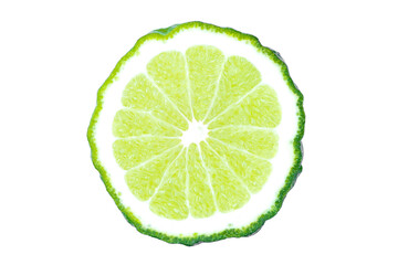 Canvas Print - Cross section slice of fresh bergamot or kaffir lime fruit isolated on white background. 