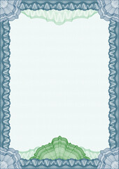 Classic guilloche blue frame border for diploma or certificate award / vector/ A4 vertical / CMYK color / Editing is easy