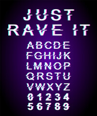 Fototapete - Just rave it font template. Retro futuristic style vector alphabet set on violet background. Capital letters, numbers and symbols. DJ modern party typeface design with distortion effect