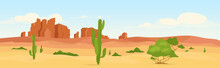 Western Dry Desert At Day Time Flat Color Vector Illustration