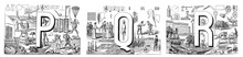 English Alphabet PQR With Mixed Illustrations Animals And Decoration Hand Drawn ABC / Antique Illustration From Petit Larousse 1914