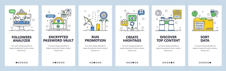 Poster - Business management tools. Mobile app onboarding screens, vector website banner template