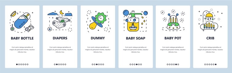 Poster - newborn baby necessities. mobile app onboarding screens, vector website banner template