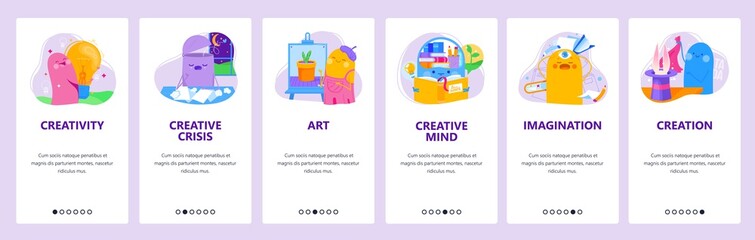 Poster - Creativity, imagination, artwork creation. Mobile app onboarding screens, vector website banner template
