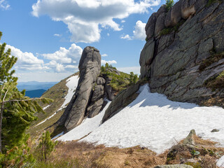 Bizarre cliffs in the Ergaki nature park. Siberian Sayans. Summer sunny day