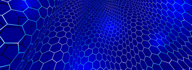 Wall Mural - Technology vector abstract background with hexagons mesh, 3D abstraction of nanotechnology and science, electronics and digital style, wire net dimensional perspective.